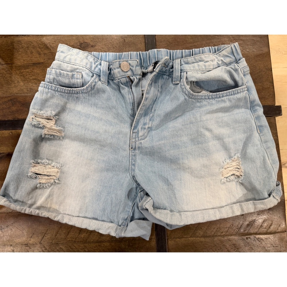 YMI Dream Distressed Denim Shorts Light Wash Blue‎ Elastic Waist Cuffed XL